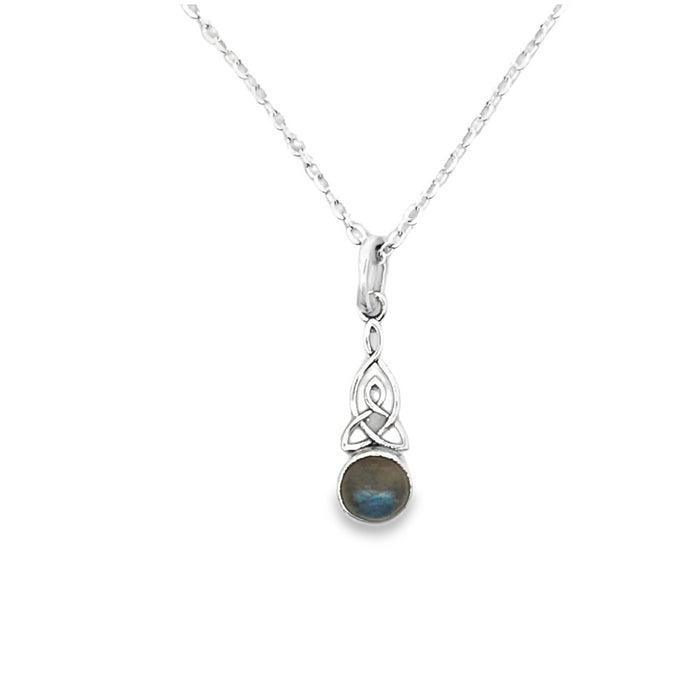 Onatah Sterling Silver Small Celtic Knot Bezel Set Labradorite Pendant With Silver Plated Display Chain.