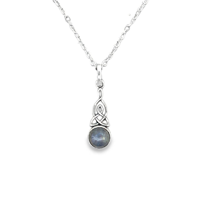 Onatah Sterling Silver Small Celtic Knot Bezel Set Moonstone Pendant With Silver Plated Display Chain.