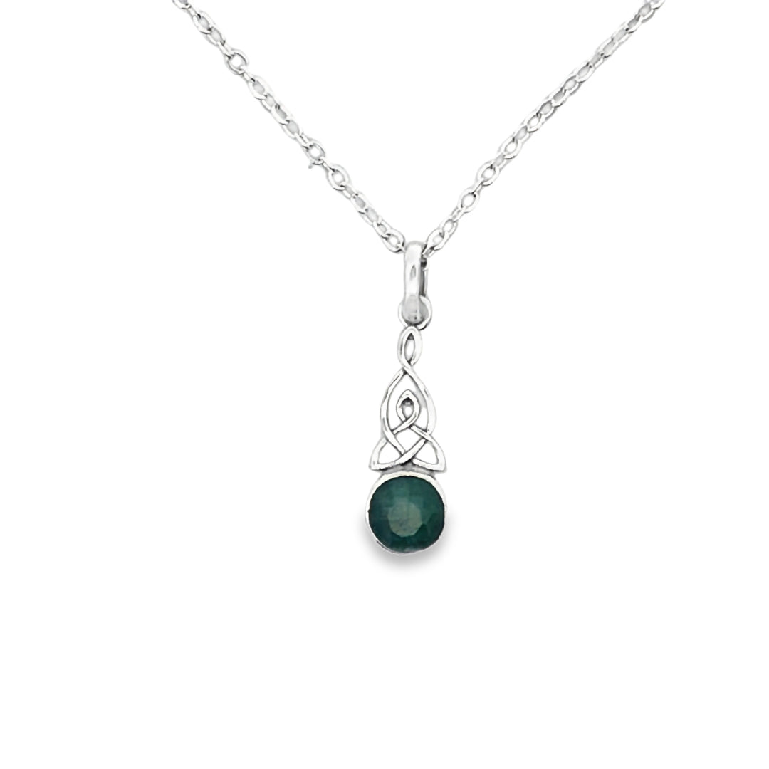 Onatah Sterling Silver Small Celtic Knot Bezel Set Treated Emerald Pendant With Silver Plated Display Chain.