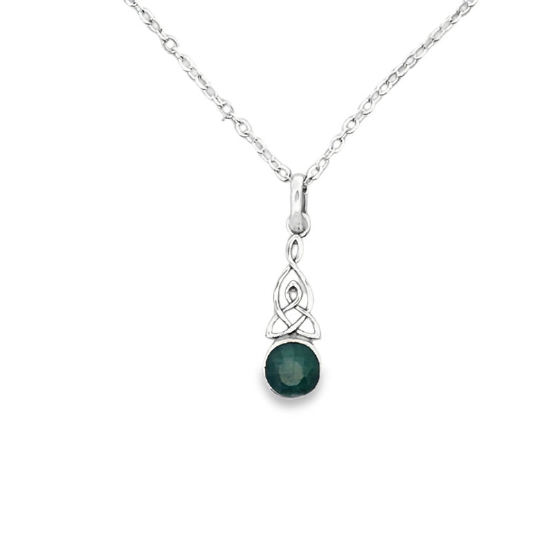 Onatah Sterling Silver Small Celtic Knot Bezel Set Treated Emerald Pendant With Silver Plated Display Chain.