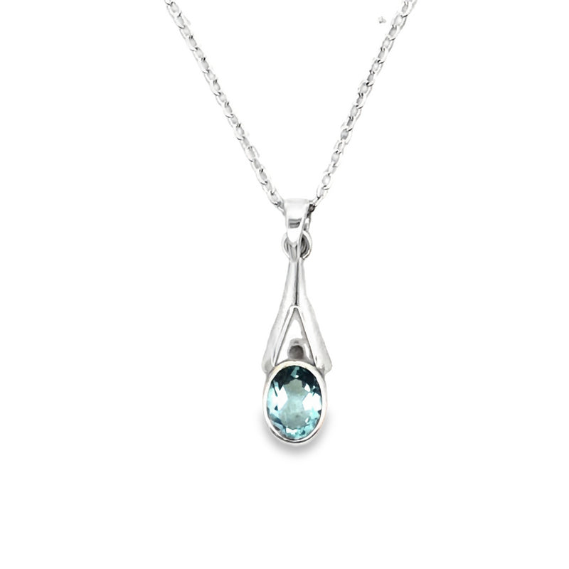Onatah Sterling Silver Split Bezel Set Blue Topaz Pendant With Silver Plated Display Chain.
