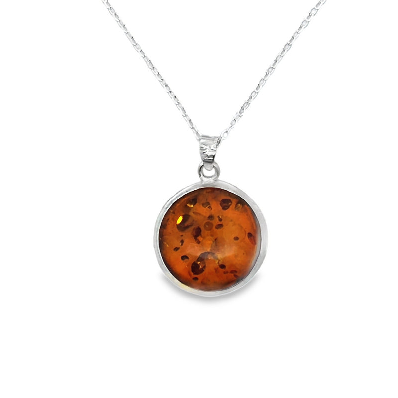Onatah Sterling Silver Round Bezel Set Amber Pendant With Silver Plated Display Chain 45Cms