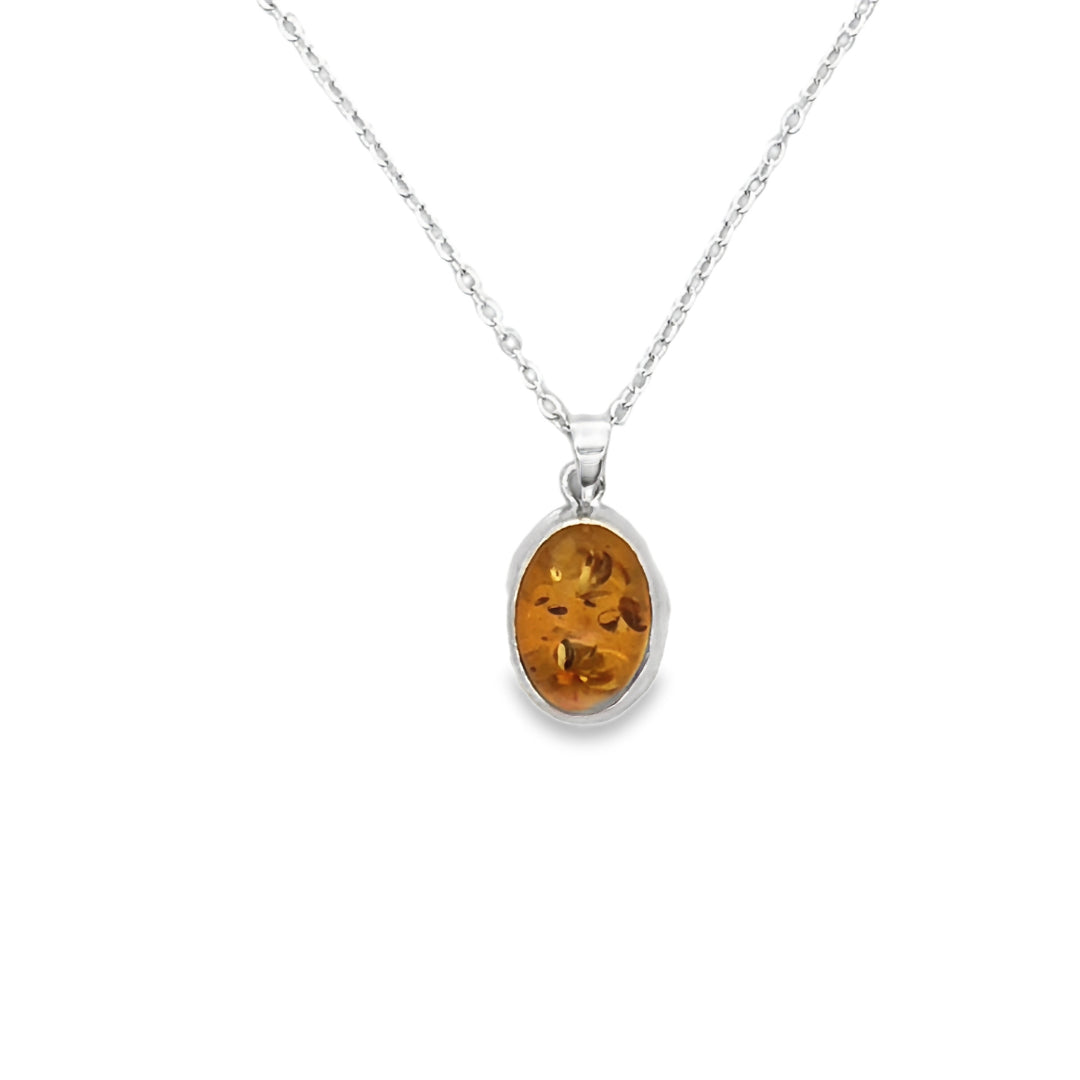 Onatah Sterling Silver Oval Bezel Set Amber Pendant With Silver Plated Display Chain 45Cms 15Mm X 11Mm