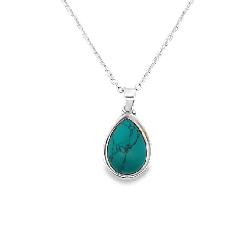 Onatah Sterling Silver Pear Shaped Bezel Set Turquoise Pendant With Silver Plated Display Chain 45Cms 20Mm X 14Mm