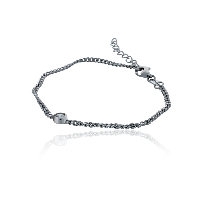 Silver Diamond Cut Curb Bracelet With Bezel Set Cz