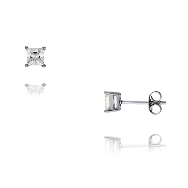 Sterling Silver Rhodium Plated 4Mm Square Cubic Zirconia Studs