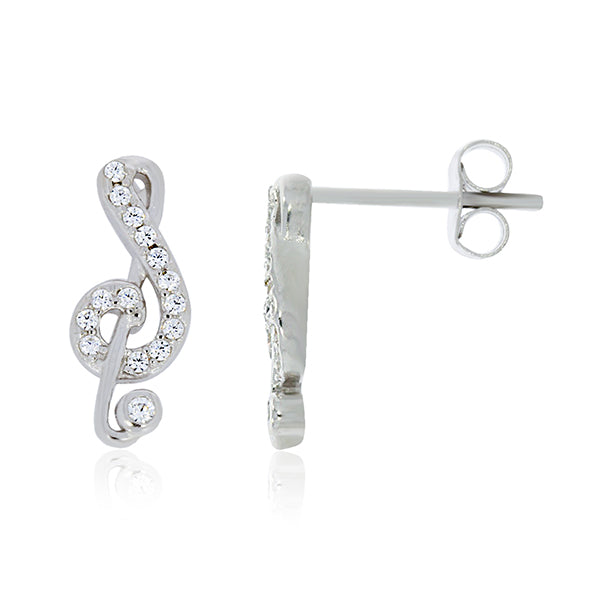 Silver Treble Clef Stud Earrings With Cubiz Zirconias