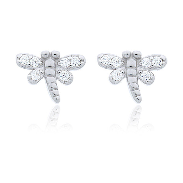 Sterling Silver Cz Set Dragonfly Stud Earrings