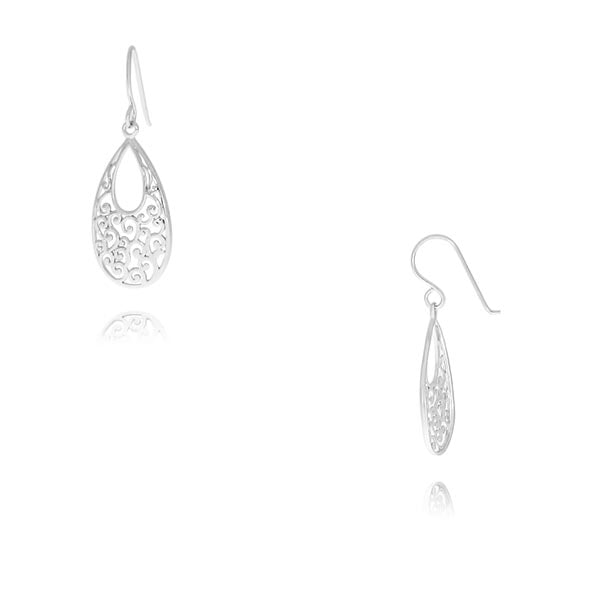 Silver Pear Shaped Filigree Drop Earrings