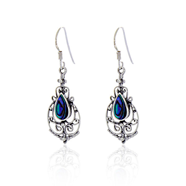 Silver Filigree Drop Earrings With Paua