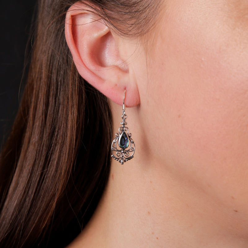 Silver Filigree Drop Earrings With Paua