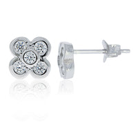 Sterling Silver Rhodium Plated Bezel Set Cz Flower Stud Earrings