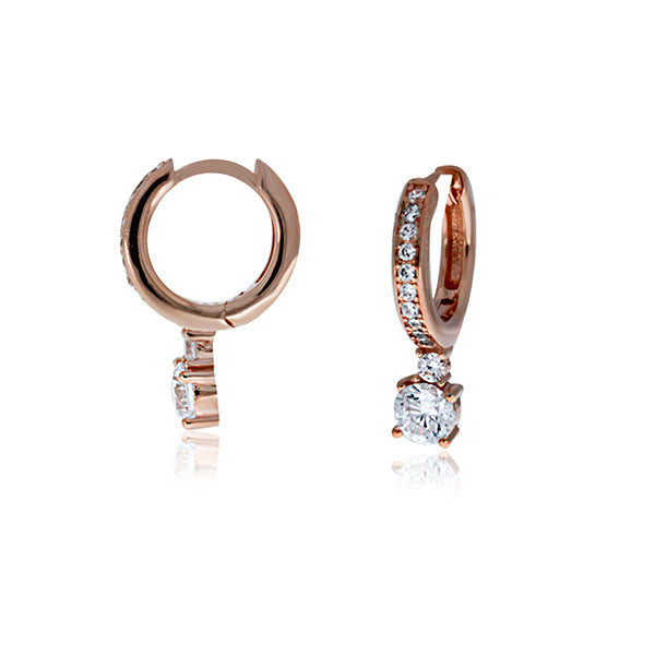 Sterling Silver Rose Gold Plated Huggies With Round Cz Drop