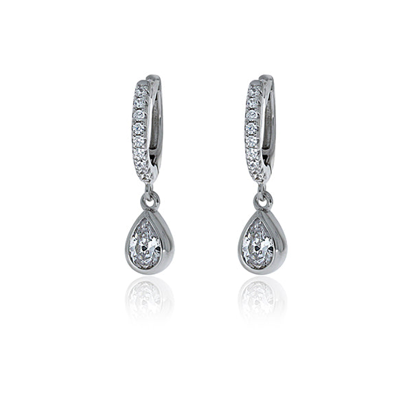 Silver Cz Set Round Huggie With Pear Shaped Drop Cz Earrings