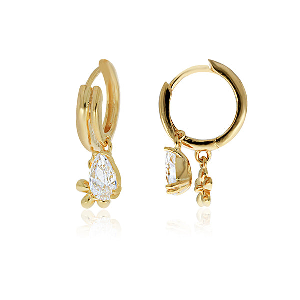 Yellow Gold Plated Round Huggie With Pear Drop Cz And Flower Earrings