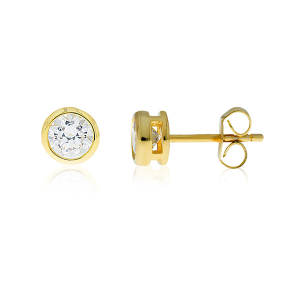 Yellow Gold Plated Round Bezel Set Cz Stud Earrings