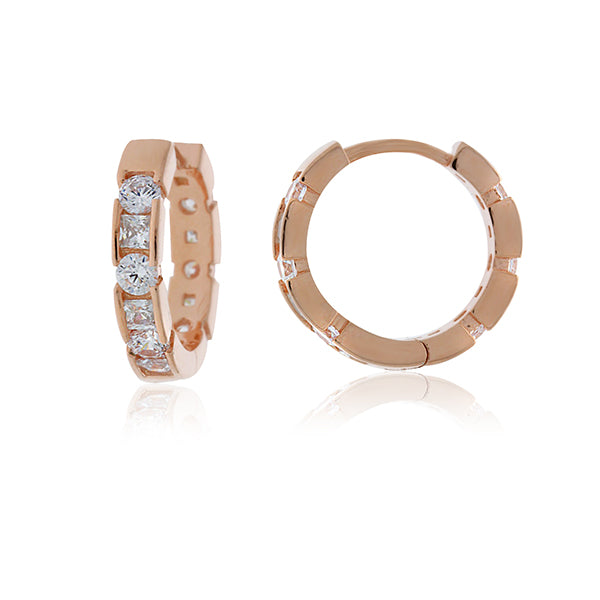 Rose Gold Plated Round Brilliant And Princess Cut Cz Set Huggies