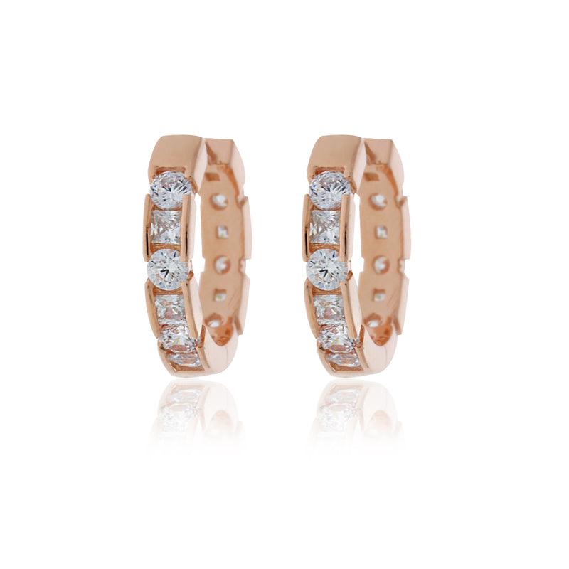 Rose Gold Plated Round Brilliant And Princess Cut Cz Set Huggies