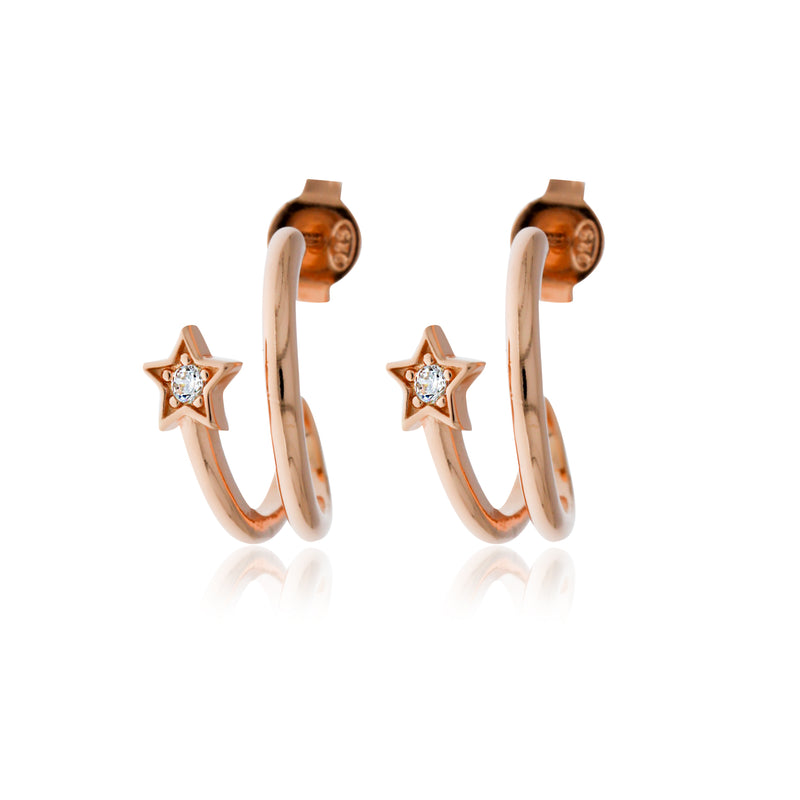 Rose Gold Plated Stud Split Hoops With Cz Set Star