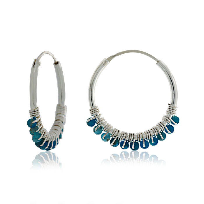 Silver Hoop Earrings With Apatite Beads