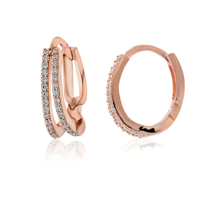 Lustra Sterling Silver Rose Gold Plated Split Hoop Cz Set Huggie Earrings