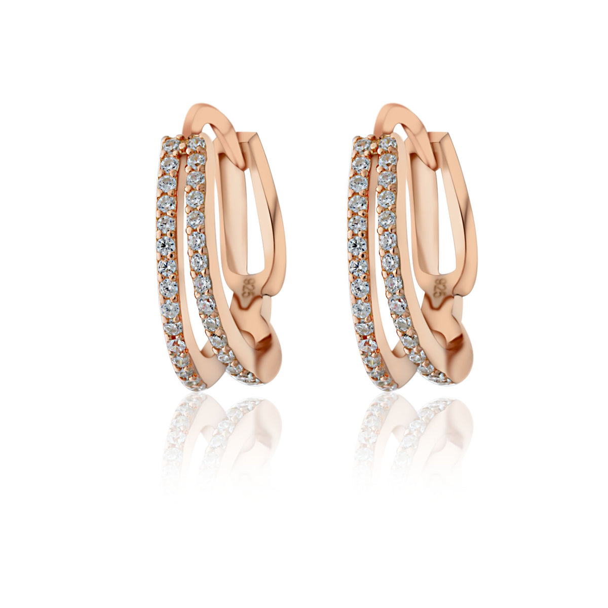 Lustra Sterling Silver Rose Gold Plated Split Hoop Cz Set Huggie Earrings