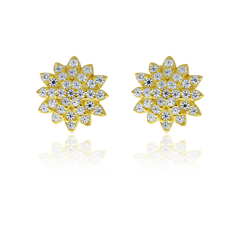Yellow Gold Plated Cz Set Flower Cluster Studs