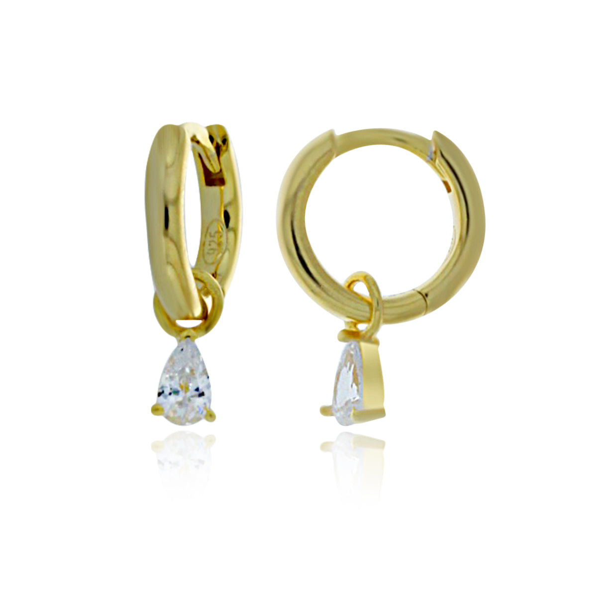 Yellow Gold Plated Huggies With Pear Shaped Cz Drop