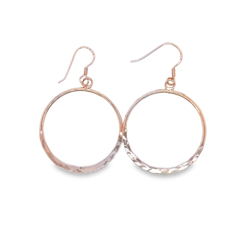 Sterling Silver Rose Gold Plated 32Mm Circle Hammered Finish Earrings