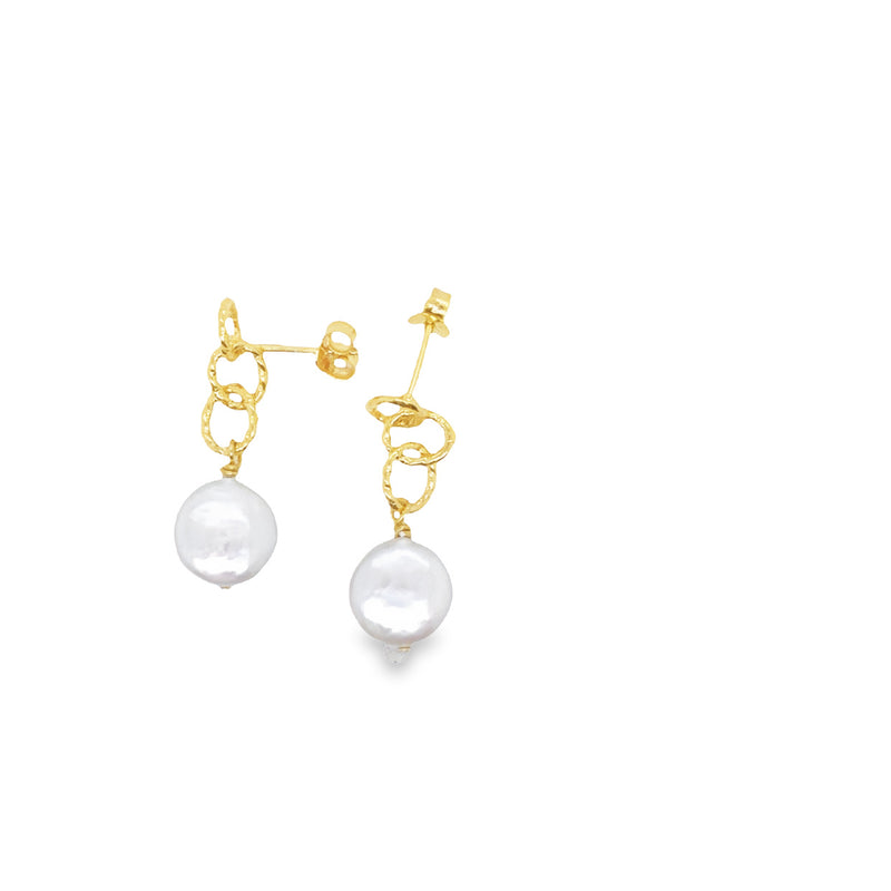 Onatah Sterling Silver Yellow Gold Plated 3 Twisted Rings With Drop Freshwater Pearl Stud Earrings