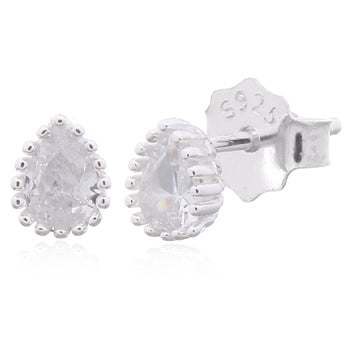 Onatah Sterling Silver Pear Shape Cz Stud Earrings With Milgrain Edge