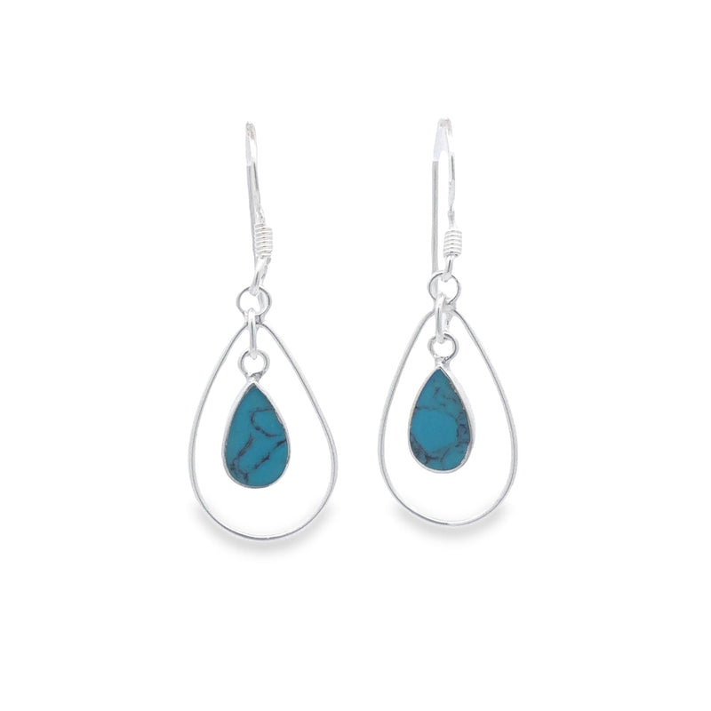 Sterling Silver Double Drop Wire And Pear Shaped Turquoise Earrings With Shephooks