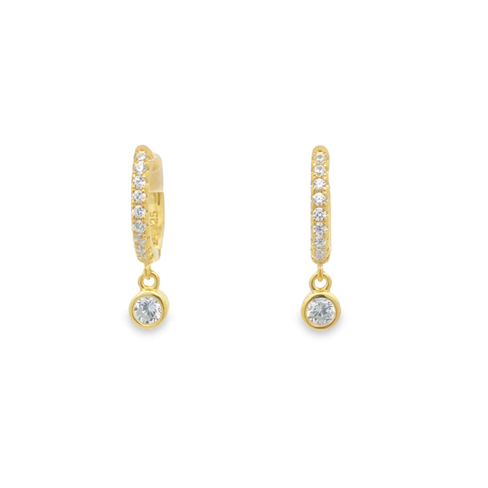 Silver Yellow Gold Plated Round Cz Set Huggie With Drop Cz Earrings