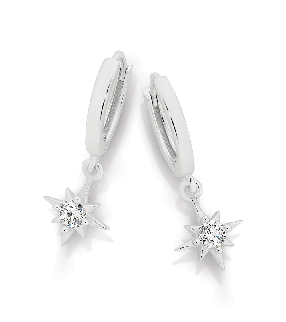 Sterling Silver Cz Star Charm Huggie Earrings
