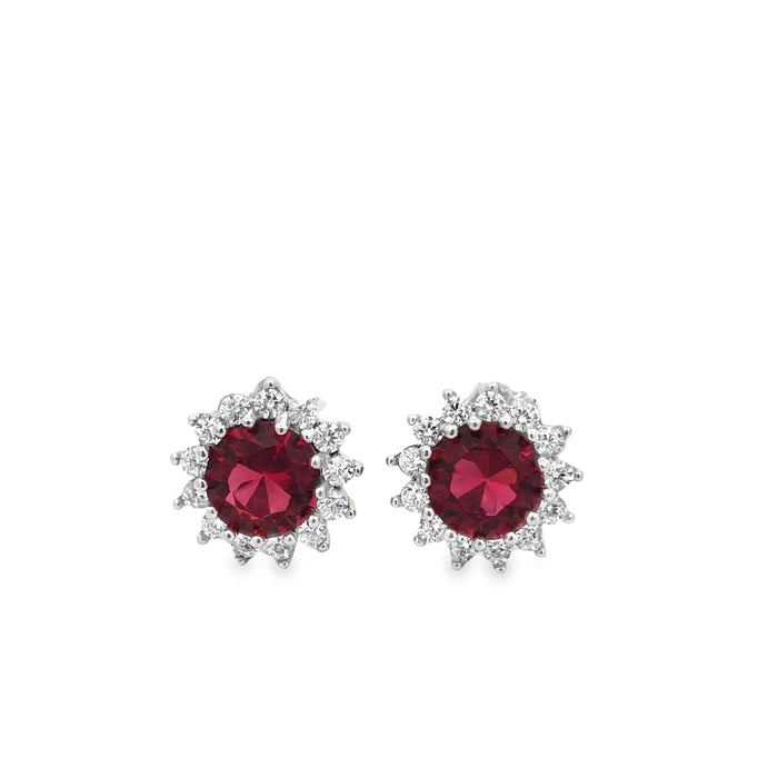 Lustra Sterling Silver Rhodium Plated Round Red And White Cz Halo Stud Earrings