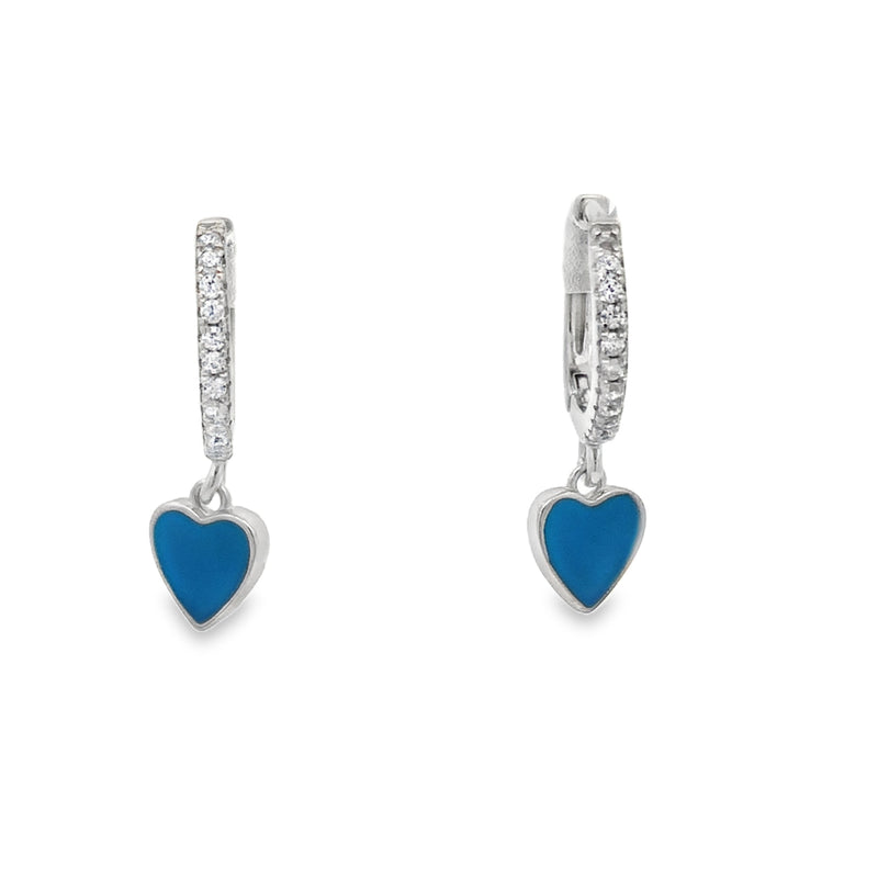 Lustra Sterling Silver Rhodium Plated Cz Set Huggies With Light Blue Enamel Drop Heart