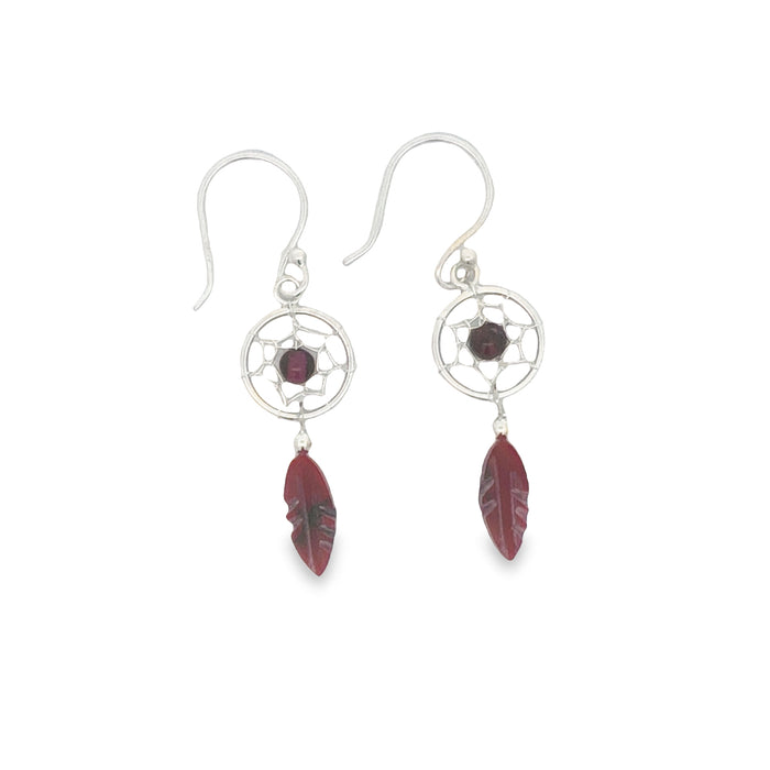 Onatah Sterling Silver Dreamcatcher Red Drop Earrings With Shephooks