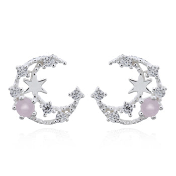 Onatah Sterling Silver Moon And Stars Stud Earrings With Rose Quartz And Cz's