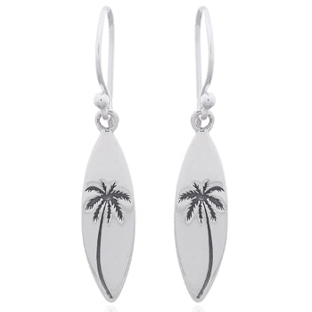 Onatah Sterling Silver Surfboard Earrings With Palm Tree Engraving