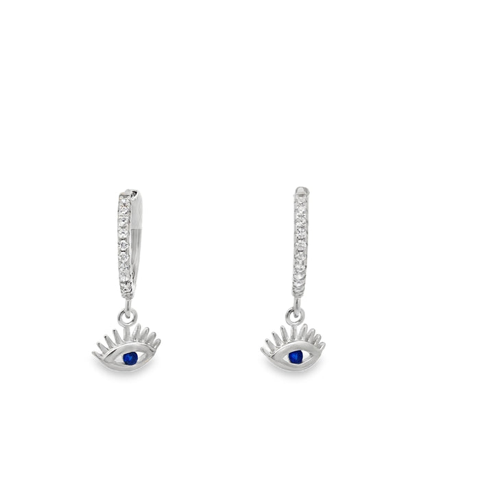 Lustra Sterling Silver Rhodium Plated Blue And White Cz Eye Of Protection Huggie Earrings