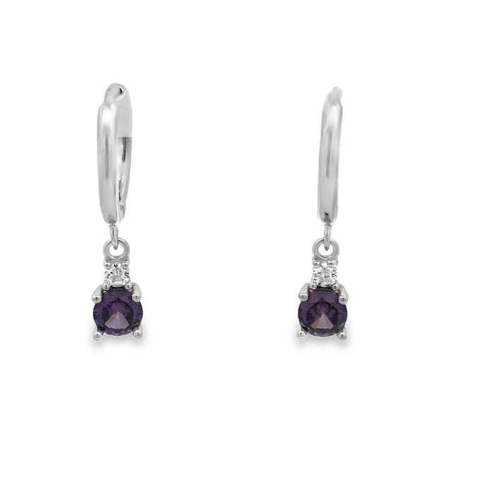 Lustra Sterling Silver Rhodium Plated Purple And White Cz Drop Huggies