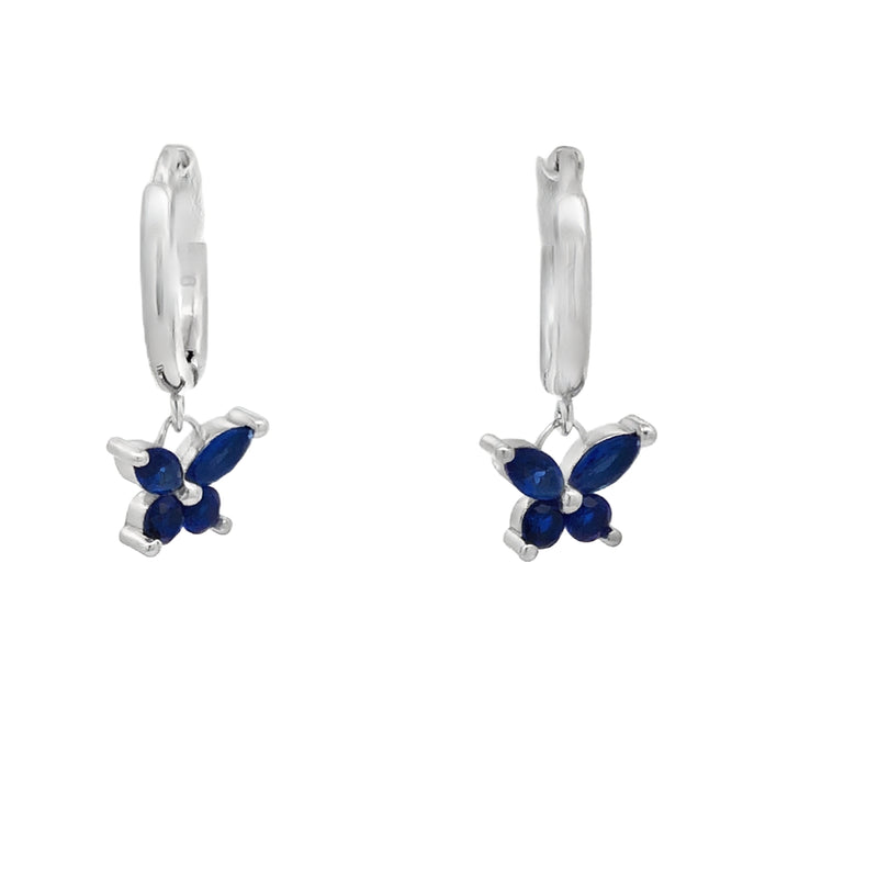 Lustra Sterling Silver Rhodium Plated Blue Cz Set Butterfly Drop Huggies