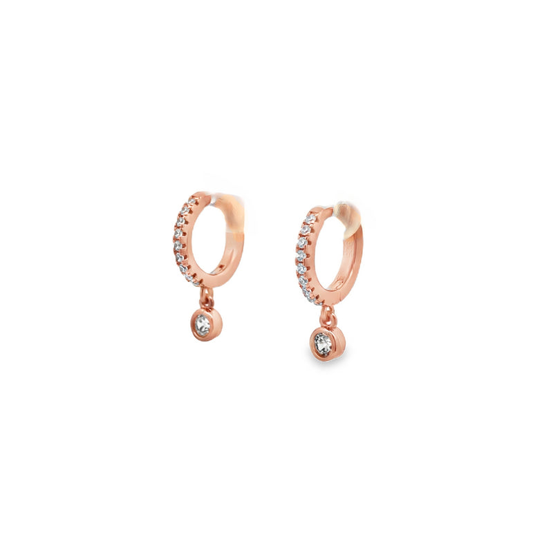 Lustra Silver Rose Gold Plated Round Cz Set Huggie With Drop Cz Earrings