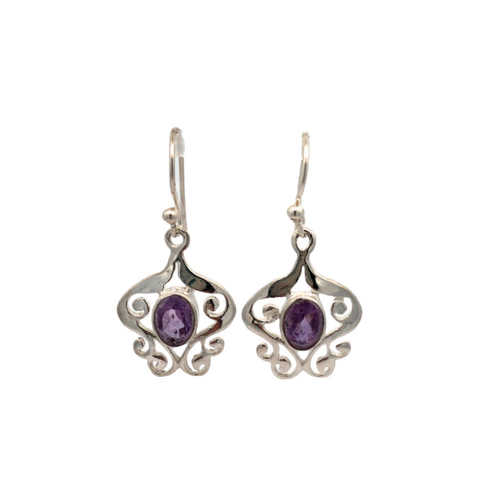 Sterling Silver Filigree Drop Bezel Set Amethyst Earrings With Shephooks