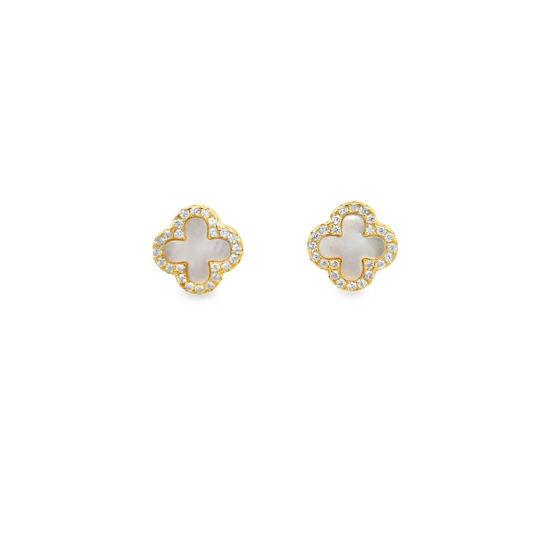 Lustra Sterling Silver Yellow Gold Plated Cz Set Four Leaf Clover Stud Earrings Set With Mother Of Pearl