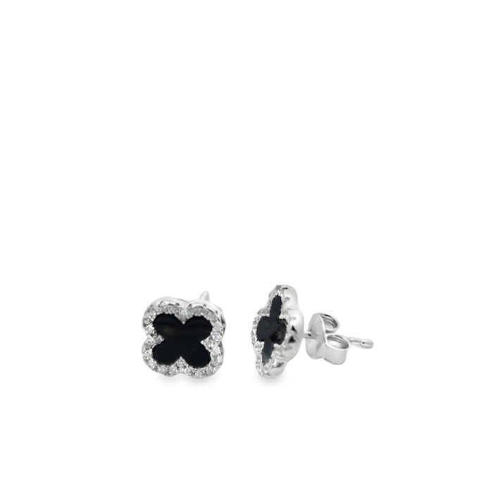 Lustra Sterling Silver Rhodium Plated Cz Set Four Leaf Clover Stud Earrings Set With Onyx