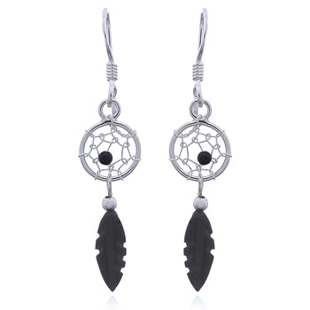 Onatah Sterling Silver Dreamcatcher Black Drop Earrings With Shephooks