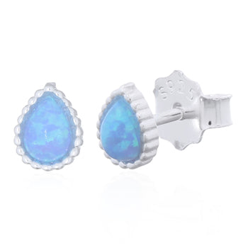 Onatah Sterling Silver Pear Shape Created Blue Opalite Stud Earrings With Milgrain Edge