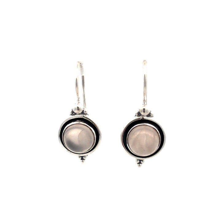 Onatah Sterling Silver Round Rose Quartz Drop Earrings With Oxidized Edge And Fixed Shephooks