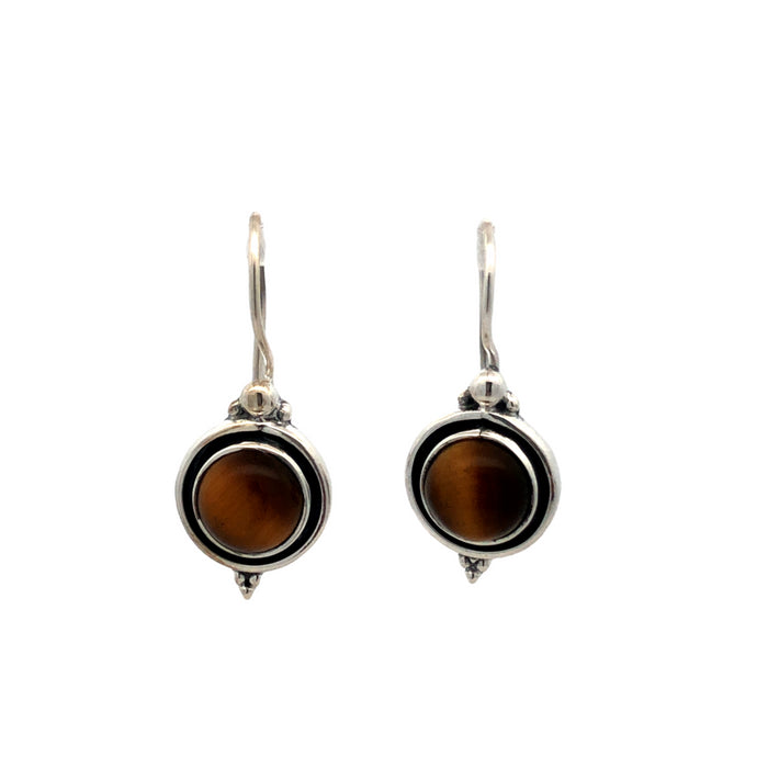 Onatah Sterling Silver Round Tigers Eye Drop Earrings With Oxidized Edge And Fixed Shephooks